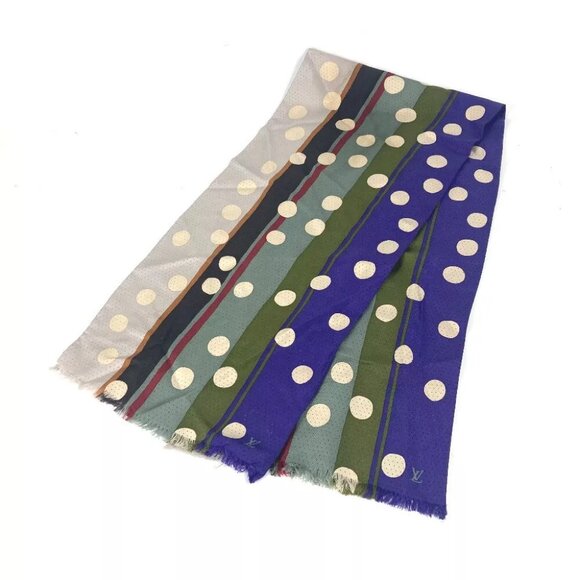 LOUIS VUITTON Dot polka dots LV logo Fringe Scarf Stole/Shawl silk Beige/purple - Picture 1 of 10